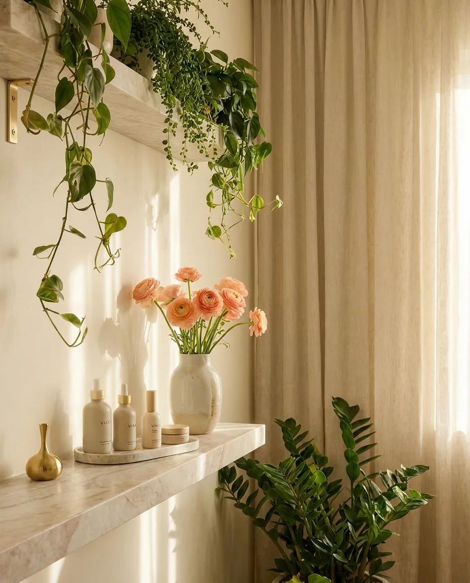 Producten en coral-bloemen op de marmeren plank