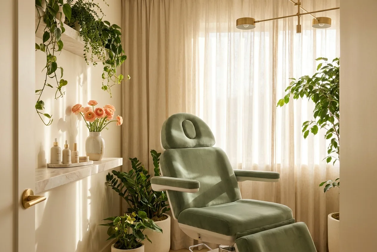 Lichte behandelruimte met planten en zachte kleuren